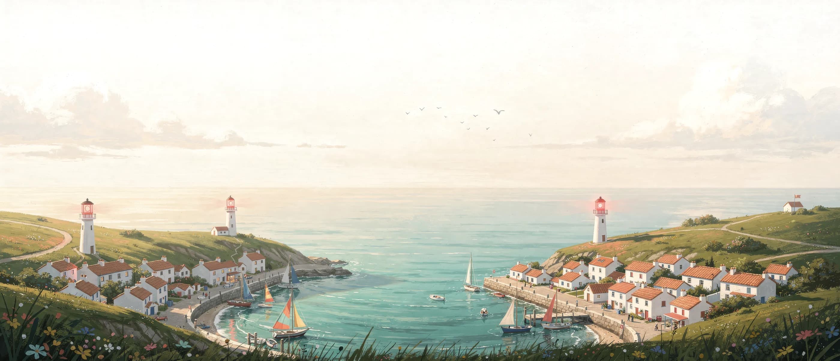 A sunlit coastline of green headlands and sheltered bays, each holding a small harbour village, with three lit lighthouses standing over them